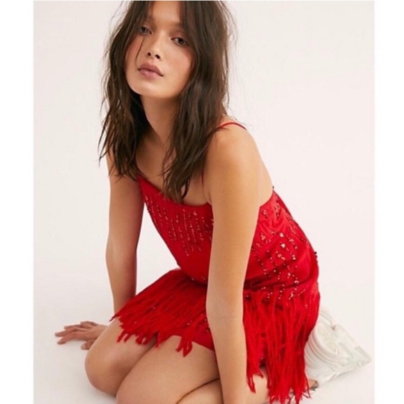🥳HP New Free People Crystal Clear XS Red Sequined Retro-Inspired Flapper Mini - Picture 2 of 5
